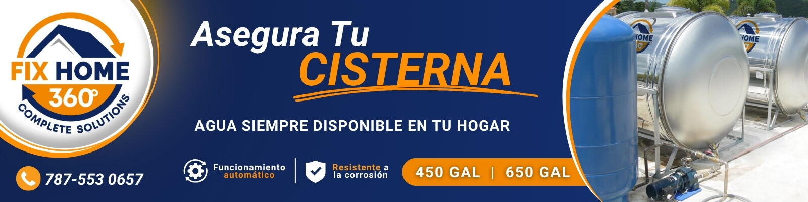 Asegura tu cisterna de 450 o 650 galones. Agua siempre disponible en tu hogar, funcionamiento automático y resistente a la corrosión. Llama al 787-553-0657.