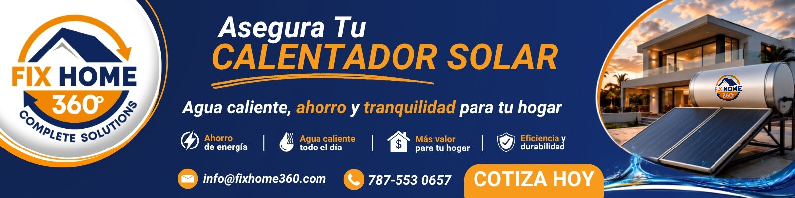 Asegura tu calentador solar. Agua caliente todo el día, ahorro de energía y tranquilidad para tu hogar. Cotiza hoy al 787-553-0657.