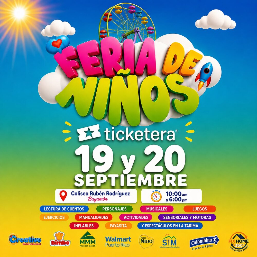 Afiche oficial de la Feria de Niños 2026: 19 y 20 de septiembre en el Coliseo Rubén Rodríguez, Bayamón, de 10:00 a. m. a 6:00 p. m.